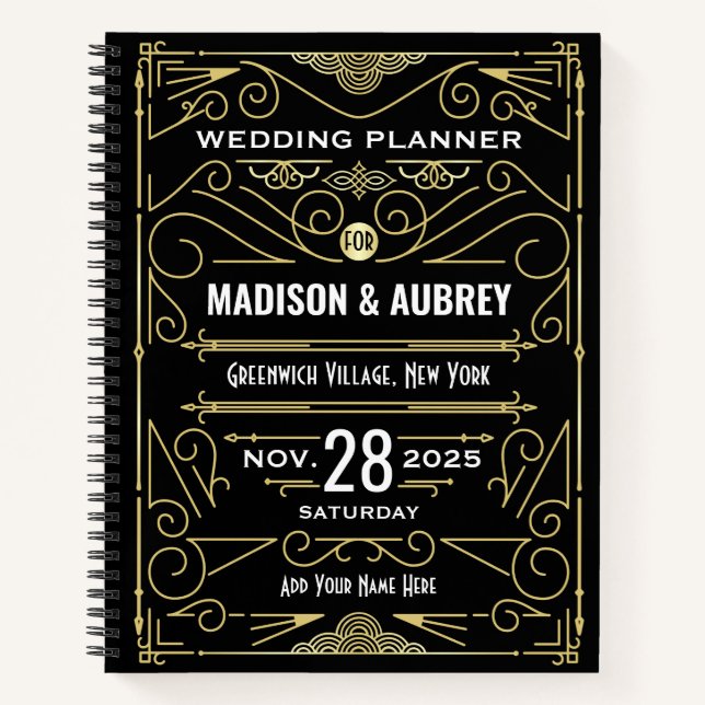Cuaderno Planner elegante de boda Art Deco Black 1920 (Anverso)