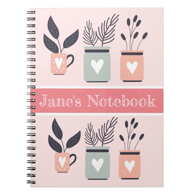 Cuaderno Plantas de maceta rosa pastel y gris moderno (Frente)