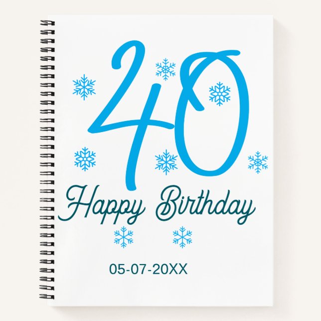 Cuaderno plantilla azul para cumpleaños 40 con nombre fecha (Anverso)