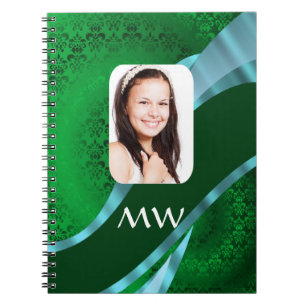 Cuaderno Plantilla de fotografía monograma de damasco verde