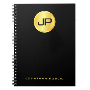 Cuaderno Plantilla negra de monograma de oro elegante perso