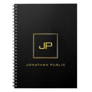Cuaderno Plantilla negra de monograma dorado elegante espir
