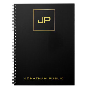 Cuaderno Plantilla negra de monograma dorado elegante espir