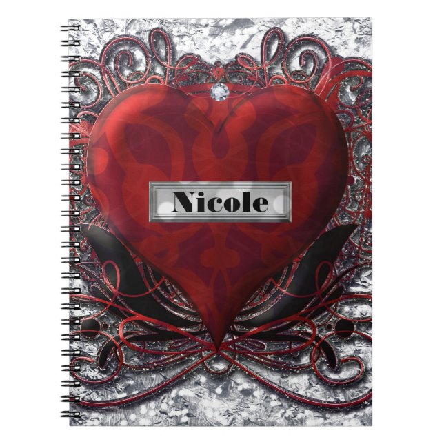 Cuaderno Plata negra roja Valentina Corazón Gótica Romance (Frente)