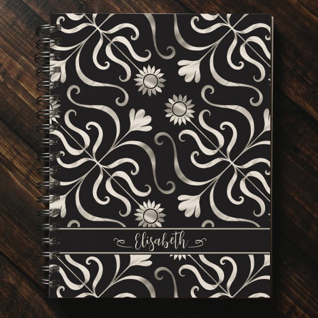 Cuaderno Plata Pearl Floral Damask Sunflower Classy Black (Subido por el creador)