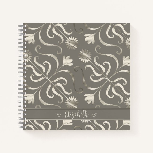 Cuaderno Plata y Pearl Floral Damask Sunflower Clásico Gris (Anverso)