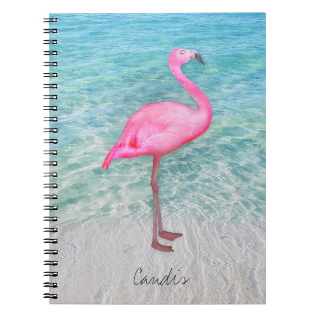 Cuaderno Playa de arena tropical personalizado rosa Flaming (Frente)