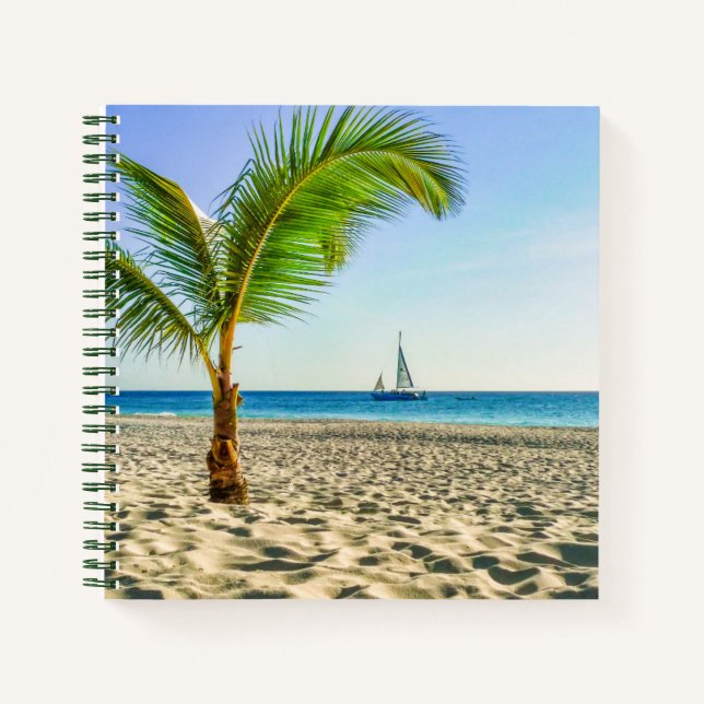 Cuaderno Playas tropicales | Barco de vela, palmera, Aruba (Anverso)