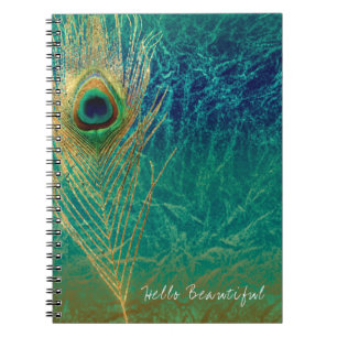 Cuaderno Pluma de Pavo Real Azul Turquesa Dorado Glam Boho 