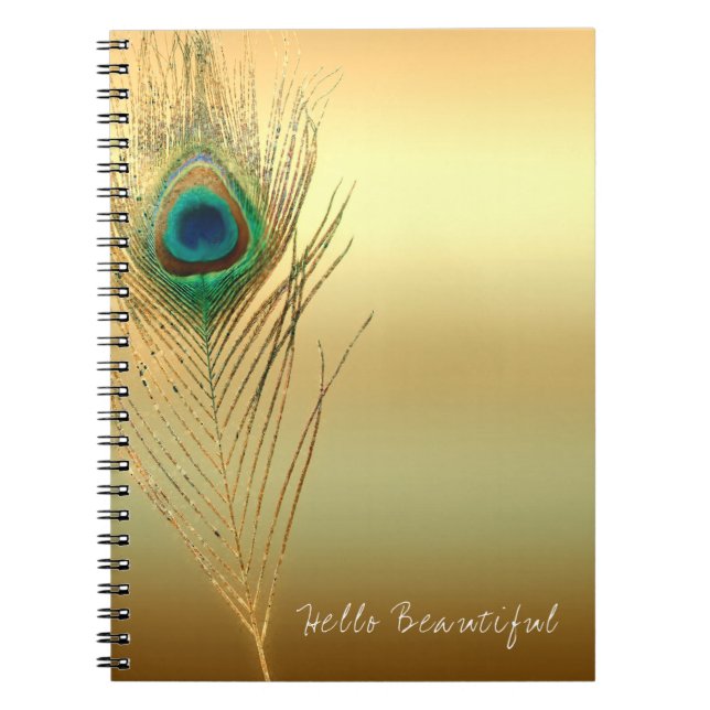 Cuaderno Pluma de pavo real dorado exótico boho chic glamou (Frente)