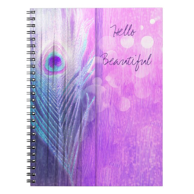 Cuaderno Pluma de Pavo Real Rosa y Azul Boho Chic Glam Pers (Frente)