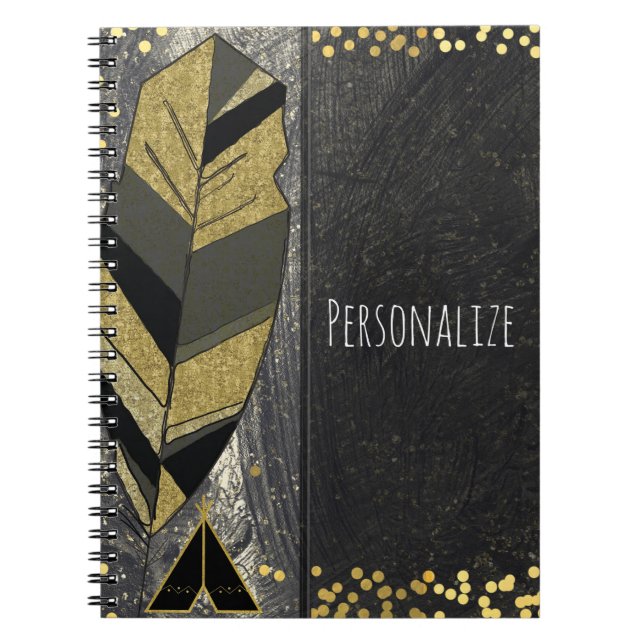 Cuaderno Pluma Dibujada a Mano & Tepee Dorado Negro Boho Gl (Frente)