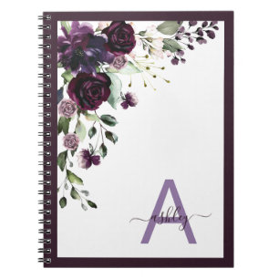 Cuaderno Pluma Purple Floral Nombre Monograma Inicial