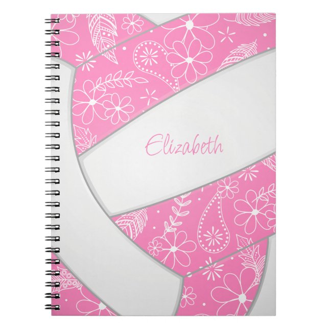 Cuaderno plumas de doodle pink white boho volleyball (Frente)