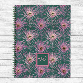 Cuaderno Plumas de pavo real rosado y monograma sobre verde