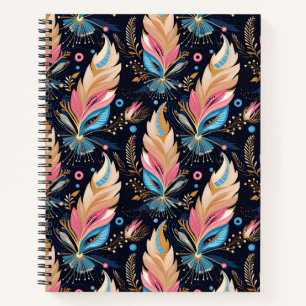 Cuaderno Plumas Elegantes Acuarela Azul Marino Rosa Y Té