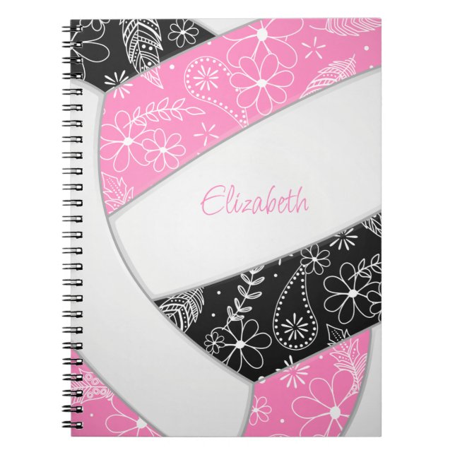 Cuaderno plumas negras flameadas de voleibol de boho negro  (Frente)