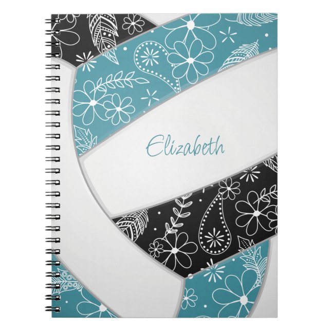 Cuaderno plumas negras florales verde azuladas voleibol de  (Frente)