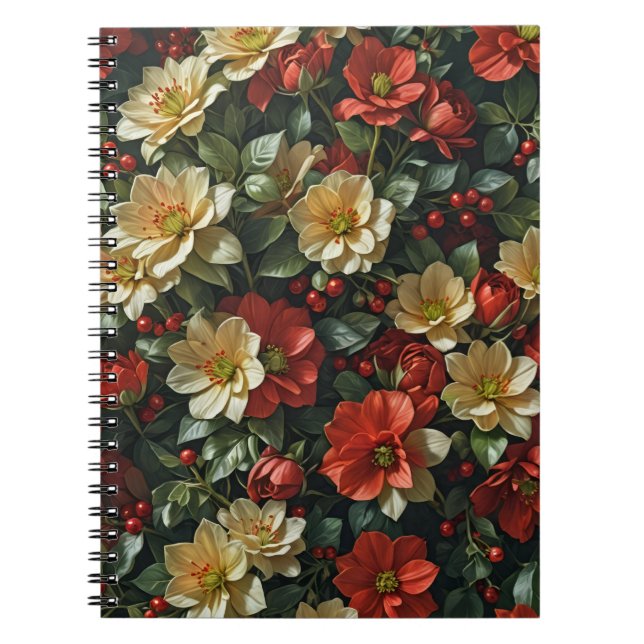 Cuaderno Poinsetia, fleurs rétro en rouge et vert (Frente)