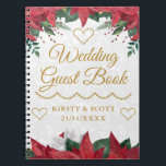 Cuaderno Poinsettia Christmas Winter Wedding Guest Book<br><div class="desc">Watercolor Poinsettia Christmas Winter design with gold foil frame and white floral pattern background</div>