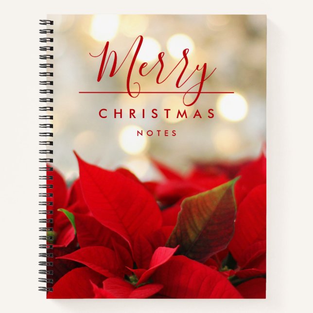 Cuaderno Poinsettias rojas con Navidades del Bokeh de Oro (Anverso)