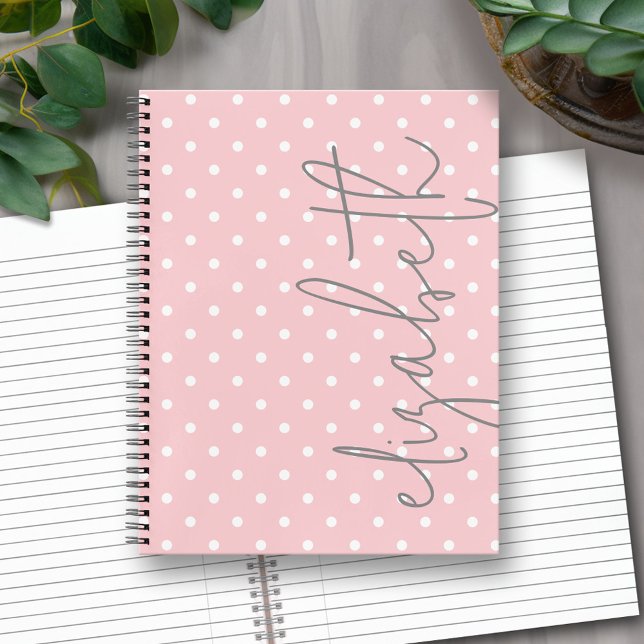 Cuaderno Polka de moda Dot rosado guión gris nombre (Personalized Notebook with Custom Text)