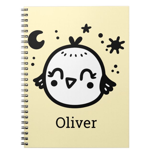 Cuaderno Pollito Alegre - Arte de Línea de Pájaro Kawaii (Frente)