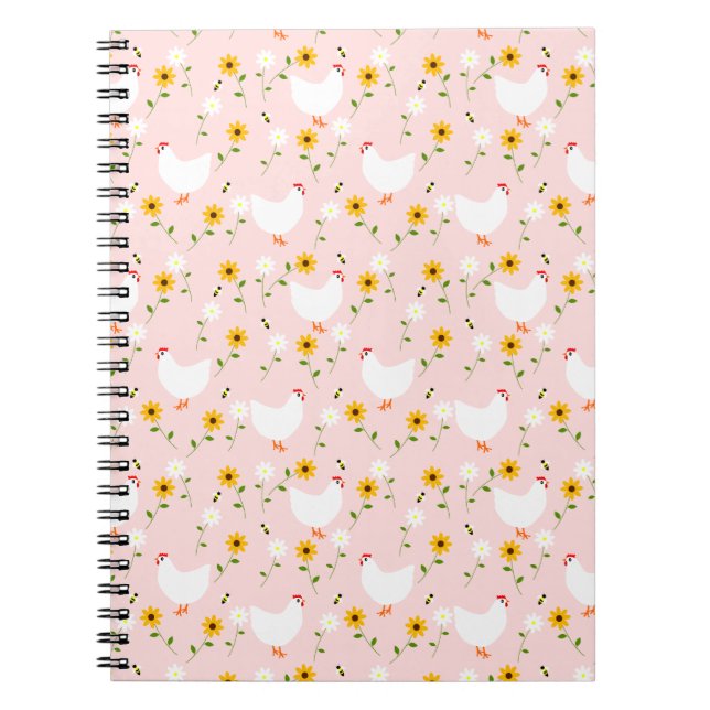 Cuaderno Pollos blancos florales en un portátil rosado (Frente)