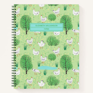 Cuaderno Pollos en un prado verde con nombre de árbol