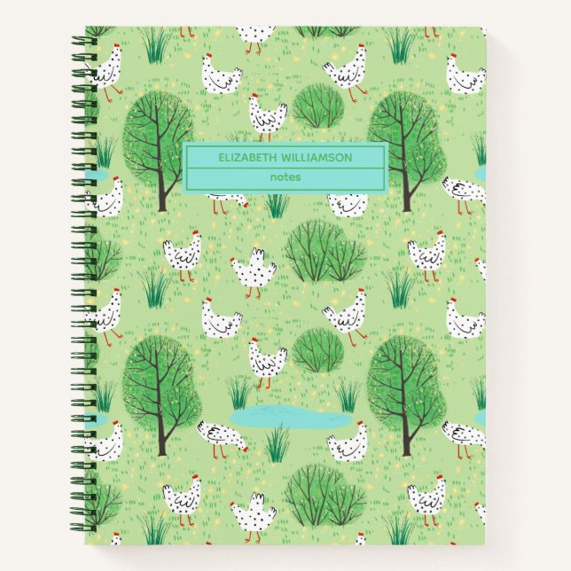 Cuaderno Pollos en un prado verde con nombre de árbol (Anverso)