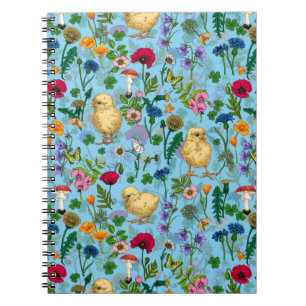 Cuaderno Pollos y flores silvestres en azul bebé