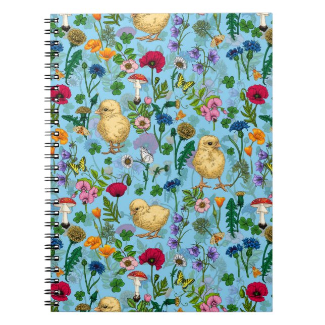 Cuaderno Pollos y flores silvestres en azul bebé (Frente)