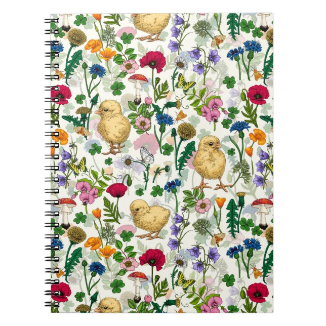 Cuaderno Pollos y flores silvestres en blanco roto (Frente)