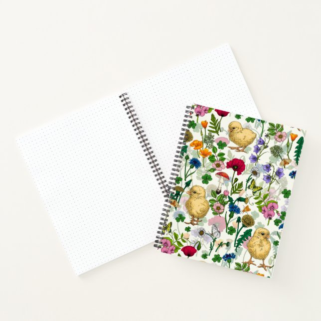 Cuaderno Pollos y flores silvestres sobre blanco apagado (Interior)