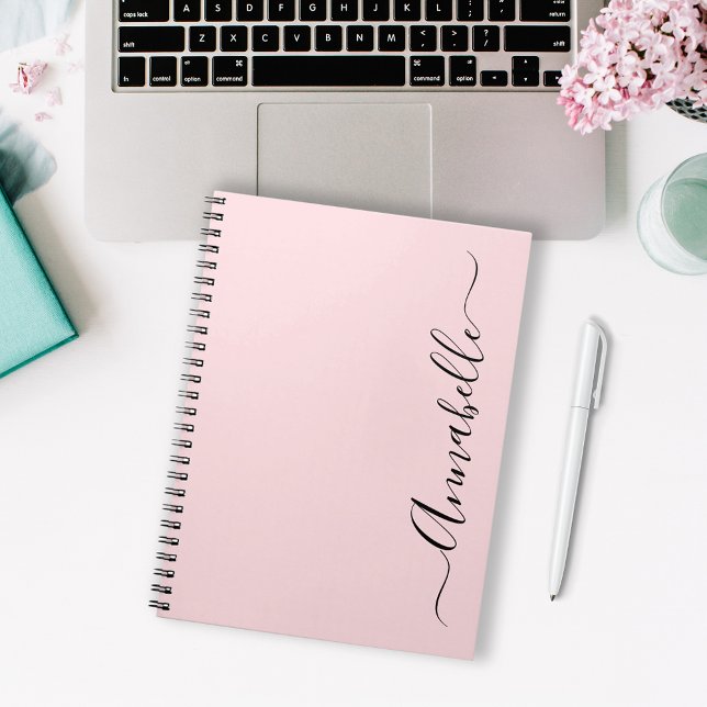 Cuaderno Polvo de rubor rosa personalizado nombre (Modern pink personalized notebook with script text.  Available in pink, black or mint/aqua.)