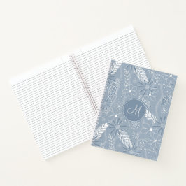 Cuaderno polvoriento azul boho plumas flores paislies monog