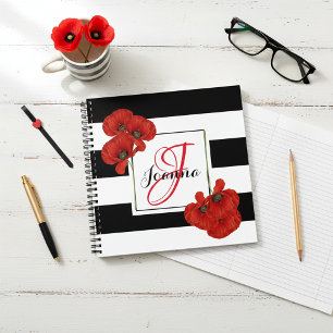 Cuaderno Poppies rojos sobre fondo rayado negro y blanco