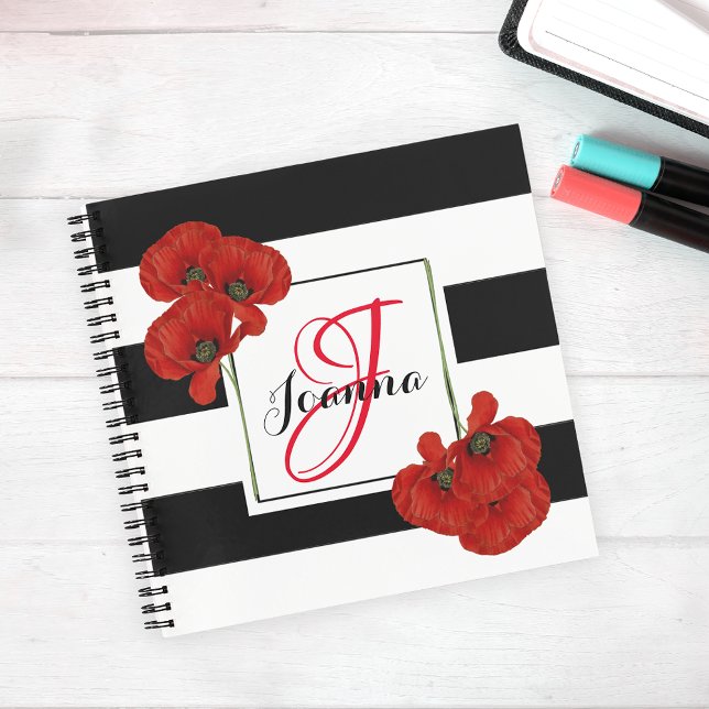 Cuaderno Poppies rojos sobre fondo rayado negro y blanco (Subido por el creador)