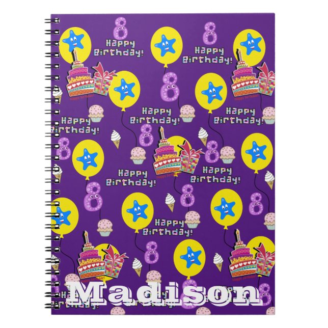 Cuaderno Portátil, #8 Happy 8th Birthday Notes Purple (Frente)