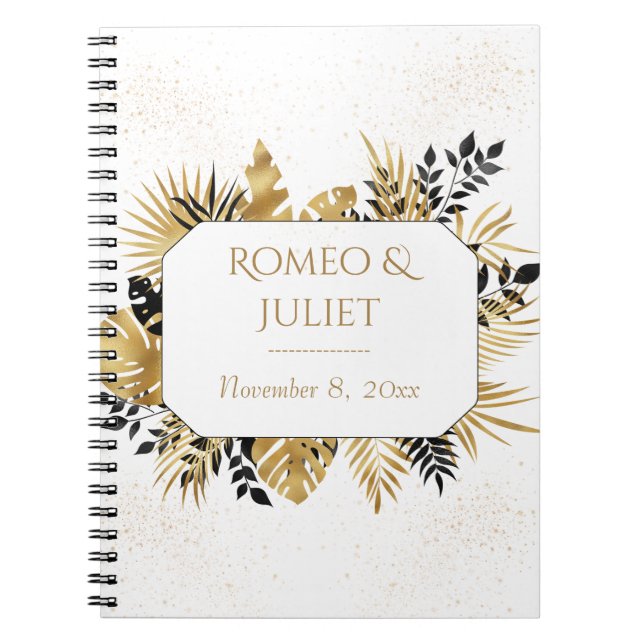 Cuaderno Portátil Boda Purpurina Floral Negro Y Oro (Frente)