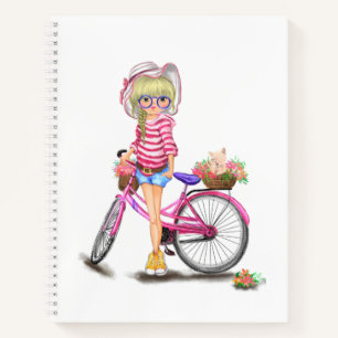 Cuaderno Portátil con Chica rubio y bicicleta rosa
