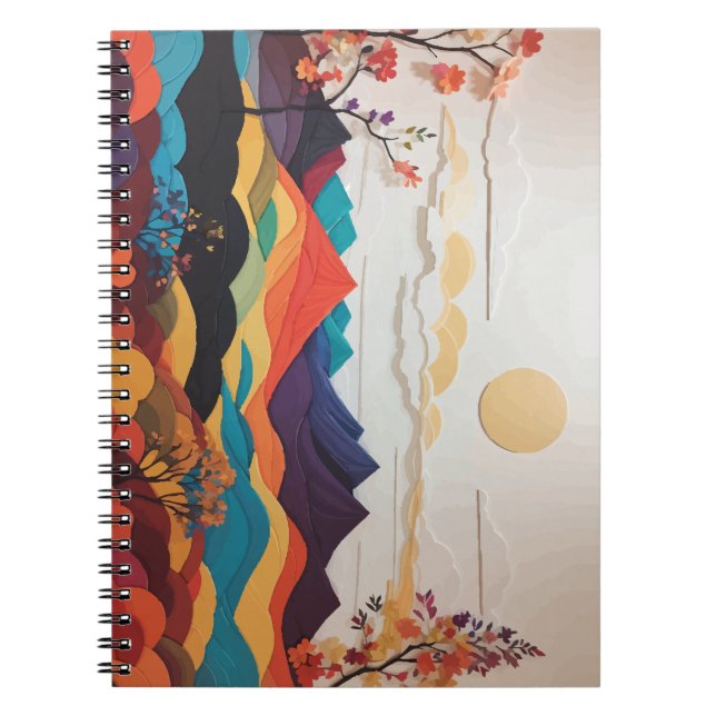 Cuaderno Portátil con flores vibrantes, sol y colinas (Frente)
