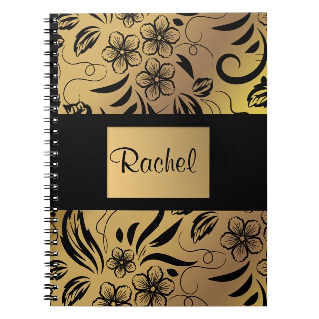 Cuaderno Portátil con motivos florales Gold y Black con cua (Frente)