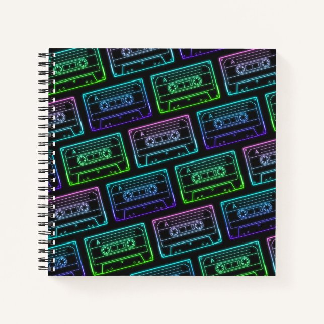 Cuaderno Portátil con patrón de cassette neón multicolor (Anverso)