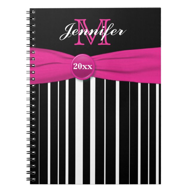 Cuaderno Portátil con rayas blancas rosadas personalizadas (Frente)