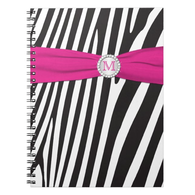 Cuaderno Portátil con rayas de cebra blanca rosada monogram (Frente)