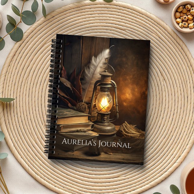 Cuaderno Portátil con teclado iluminado por velas - Diario  (Candlelit Spellbook Notebook – Cozy Witch Journal on a boho table with botanicals and a cup of tea)