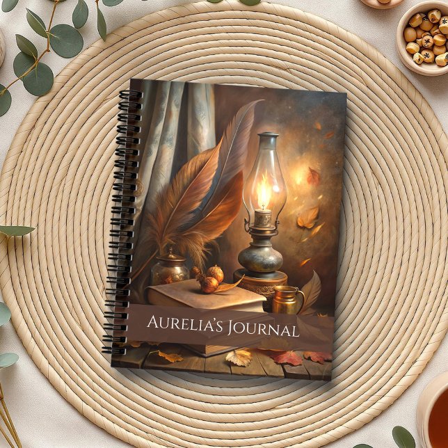 Cuaderno Portátil con teclado iluminado por velas - Diario  (Candlelit Spellbook Notebook – Cozy Witch Journal on a boho table with herbs and a cup of tea.)