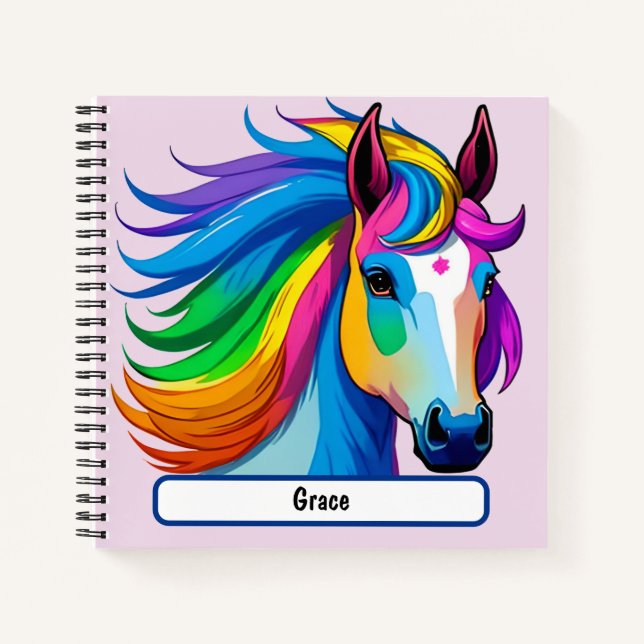 Cuaderno Portátil de caballo arco iris con nombre Personali (Anverso)