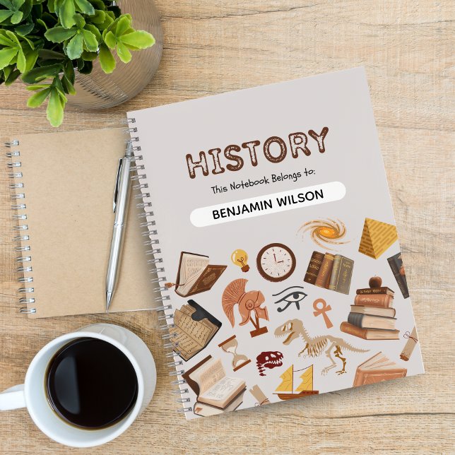 Cuaderno Portátil de espiral de historia gris y marrón - pe (Grey & Brown History Spiral Notebook – Customizable)